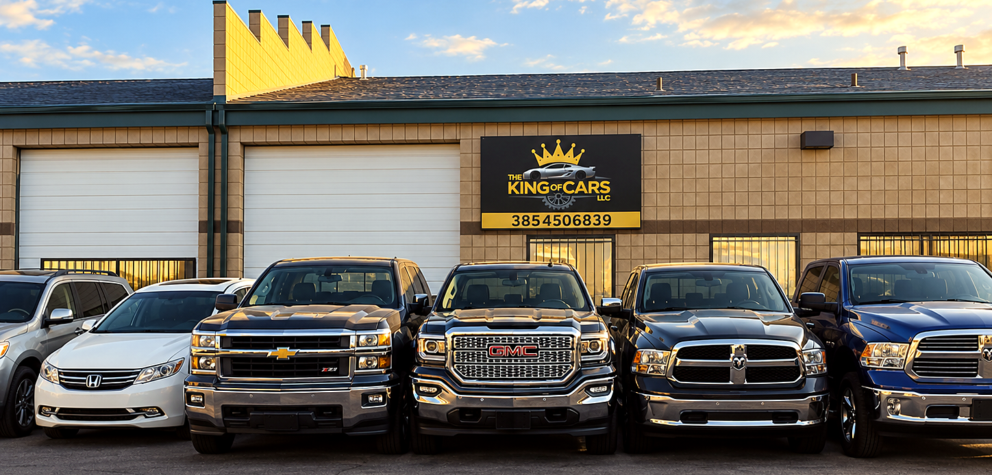Vehicles on the lot at The King of Cars in Springville, Utah