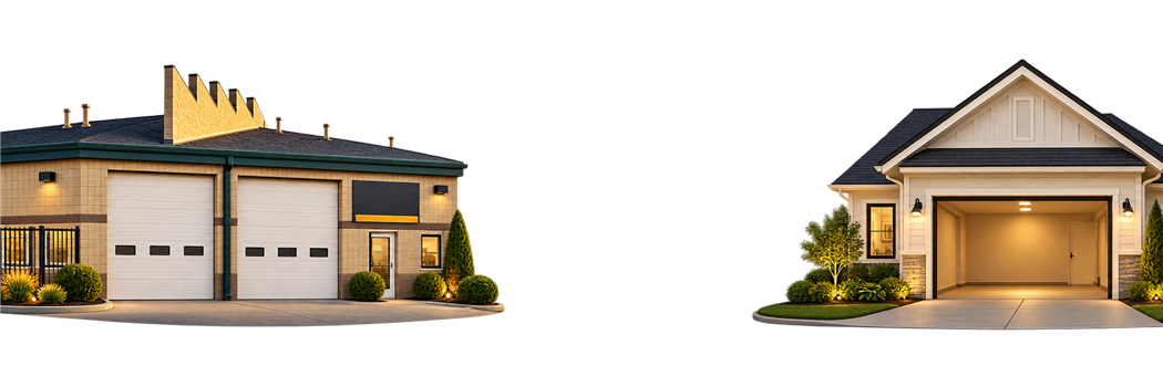 Illustrated King of Cars dealership on the left and a home with an open garage on the right.